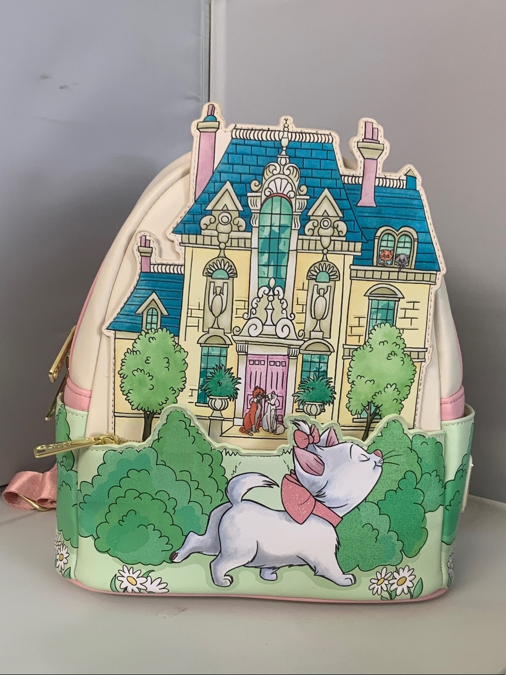 Loungefly Disney Pink & White Backpack with Marie Cat and Mansion Print